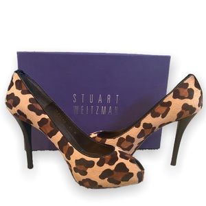 Stuart Weitzman Pipespy Leopard-print Calf Hair Peep Toe Stiletto Pump Size 8.5